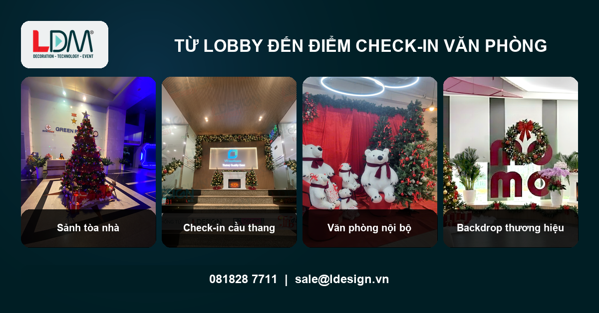 Ảnh dự án thật cho cây Noel 7m trong lobby và điểm check-in văn phòng