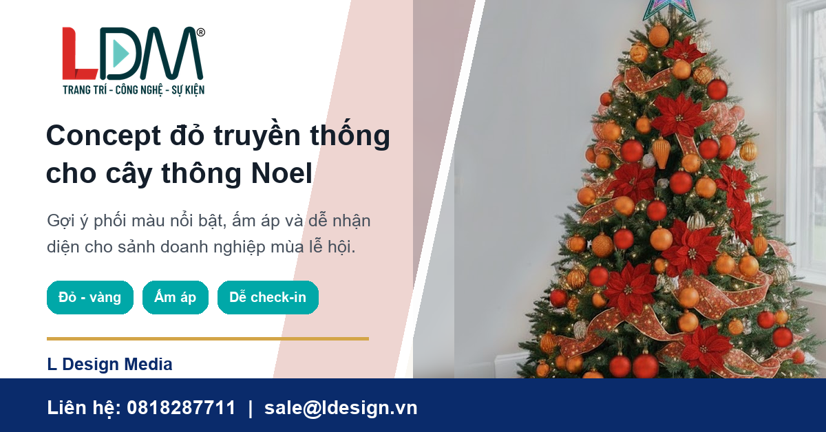 Ý tưởng concept đỏ truyền thống cho cây thông Noel khổng lồ mùa lễ hội