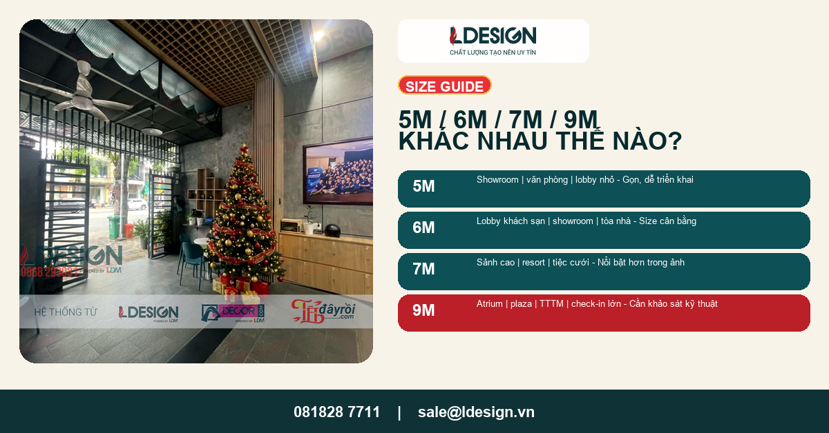 Bảng so sánh cây thông Noel 5m, 6m, 7m, 9m cho từng không gian