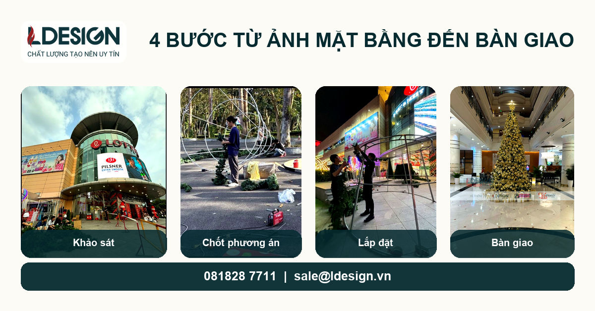 4 bước thi công cây thông Noel khổ lớn từ ảnh mặt bằng đến bàn giao