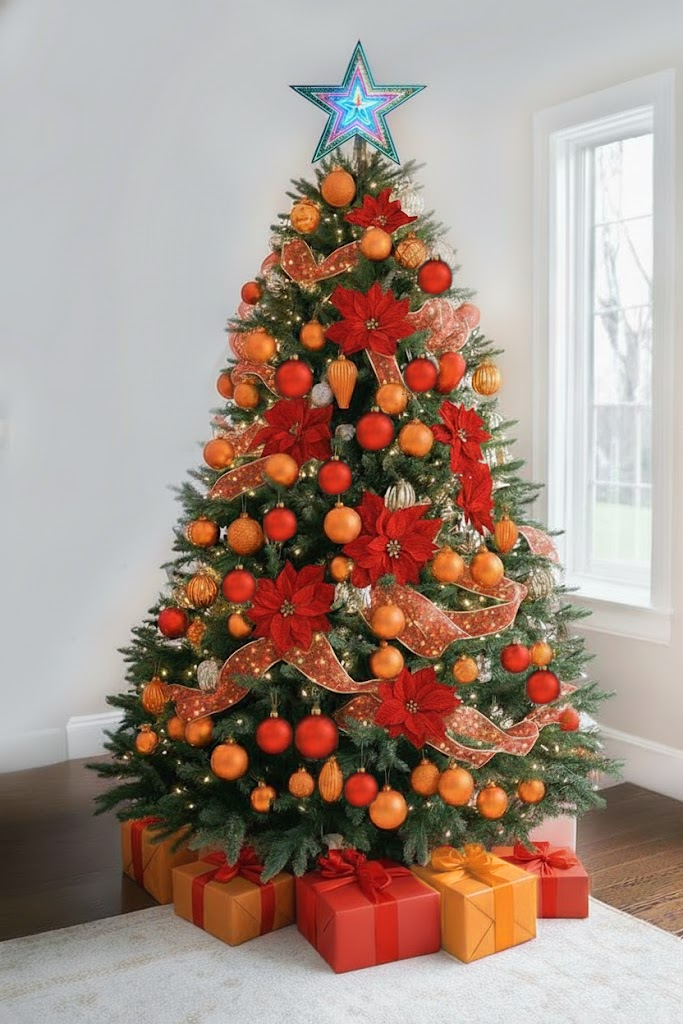 Traditional red Christmas tree concept with orange and gold accents for business spaces