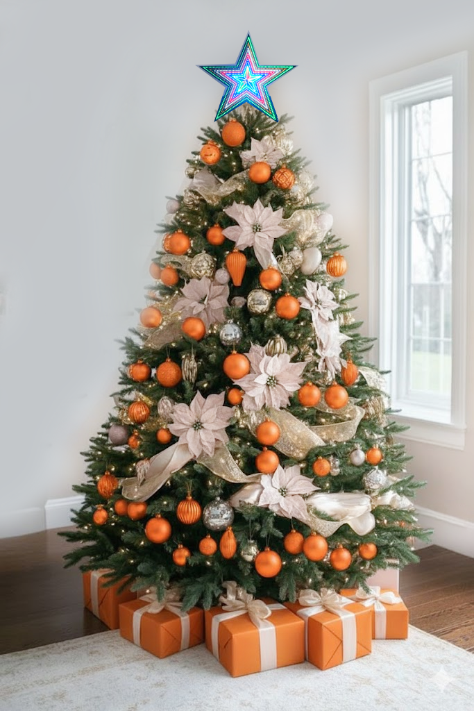 Mẫu cây thông Noel tone cam bạc phù hợp sảnh doanh nghiệp và showroom